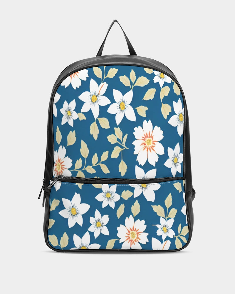 Dark blue background and white flower pattern Classic Faux Leather Backpack