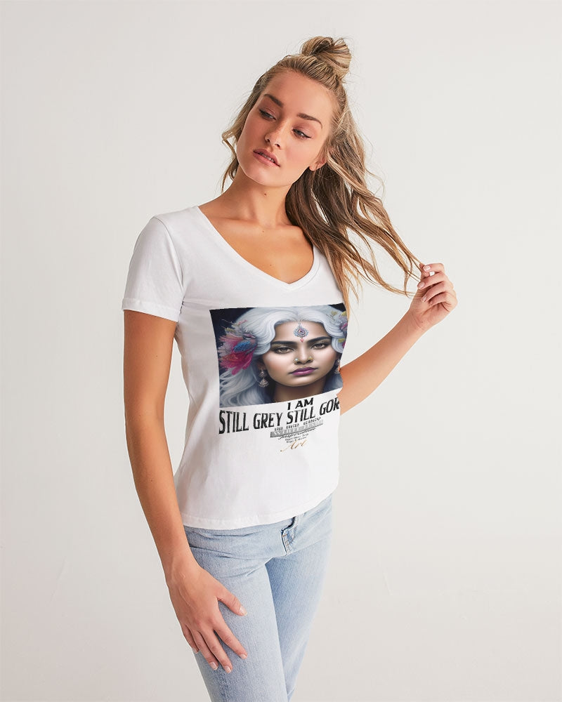 Promoting Indian women with silver grey hair Women's V-Neck Tee