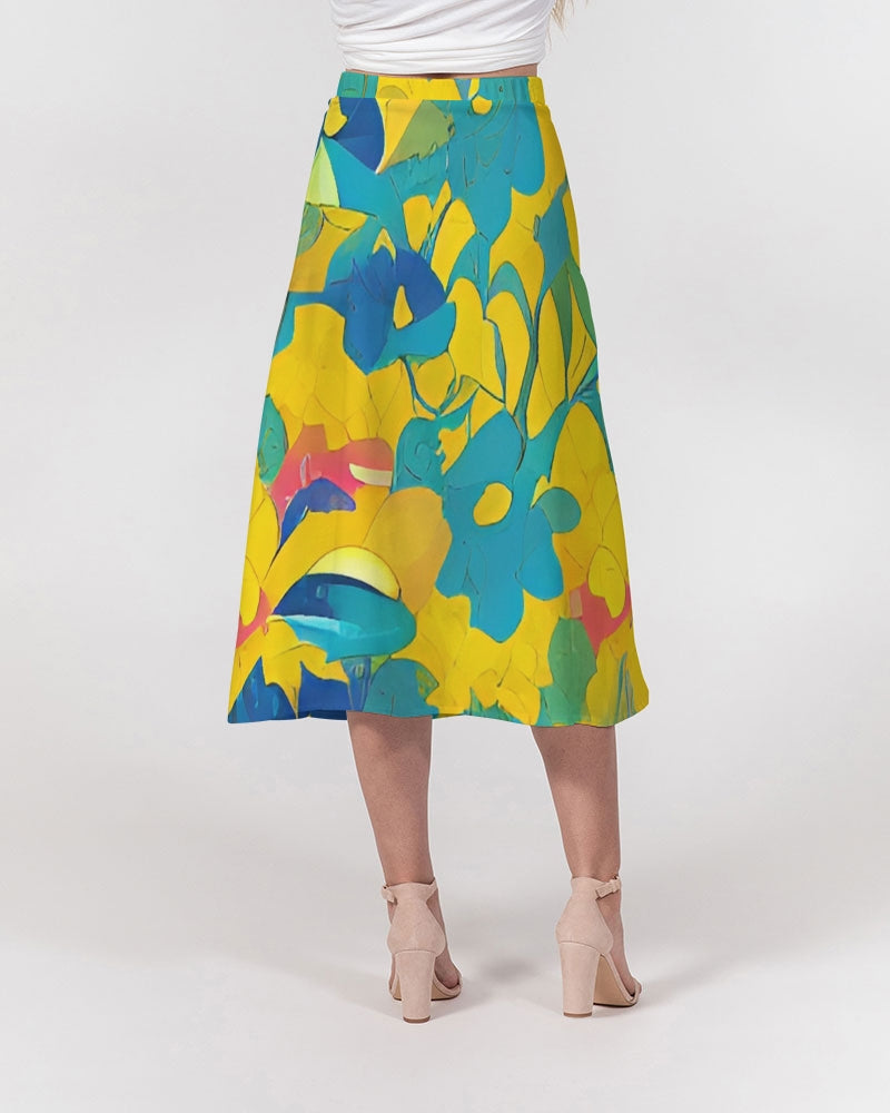 Beautiful yellow and blue hint of red pattern Women's A-Line Midi Skirt