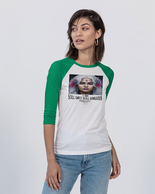 Promoting Indian women with silver grey hair Unisex Three-Quarter Sleeve Baseball Tee | Bella + Canvas