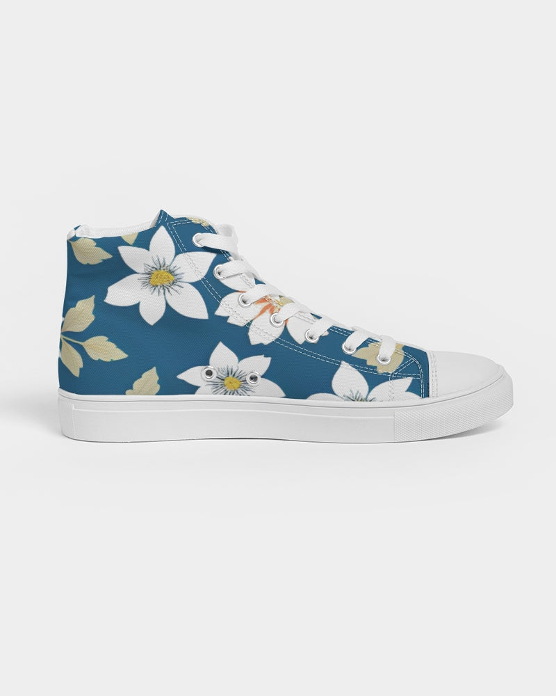 Dark blue background and white flower pattern Women's Hightop Canvas Shoe