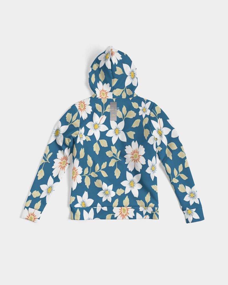 Dark blue background and white flower pattern Women's All-Over Print Hoodie