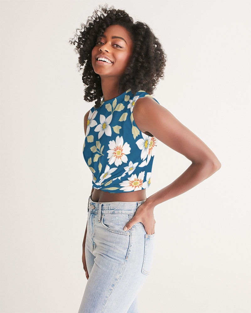 Dark blue background and white flower pattern Women's  All-Over Print Twist-Front Tank