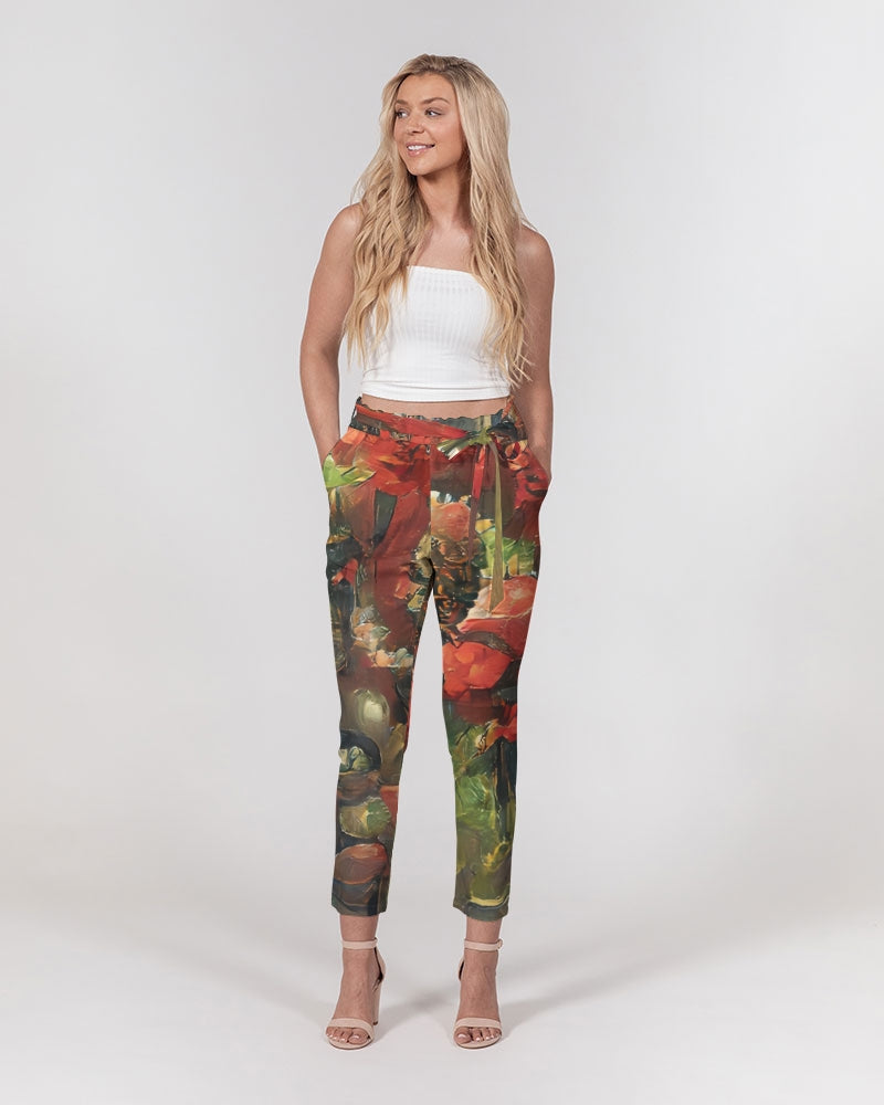 Abstract Rose design Women's Belted Tapered Pants