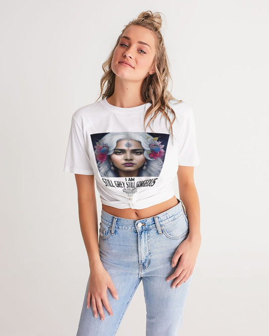 Promoting Indian women with silver grey hair Women's Twist-Front Cropped Tee