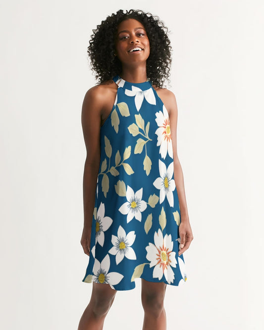 Dark blue background and white flower pattern Women's All-Over Print Halter Dress