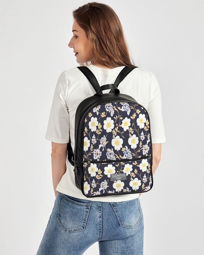 Pink flower black background Classic Faux Leather Backpack