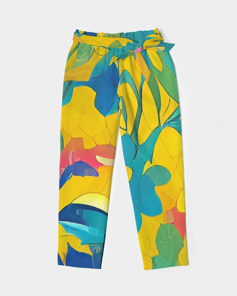 Beautiful yellow and blue hint of red pattern Women's Belted Tapered Pants