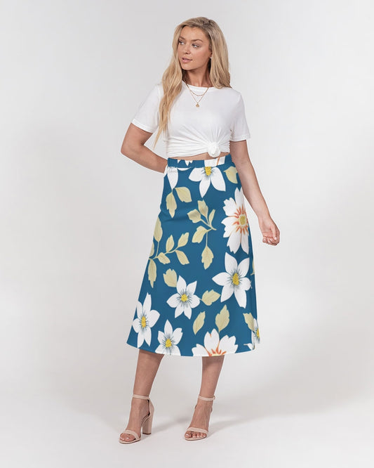 Dark blue background and white flower pattern Women's All-Over Print A-Line Midi Skirt