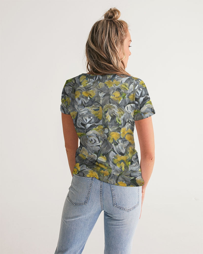 Orange and yellow and grey abstract design of Roses Women's V-Neck Tee