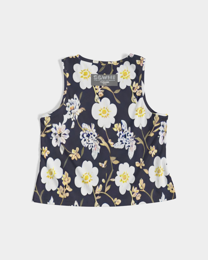 Pink flower black background Women's All-Over Print Cropped Tank