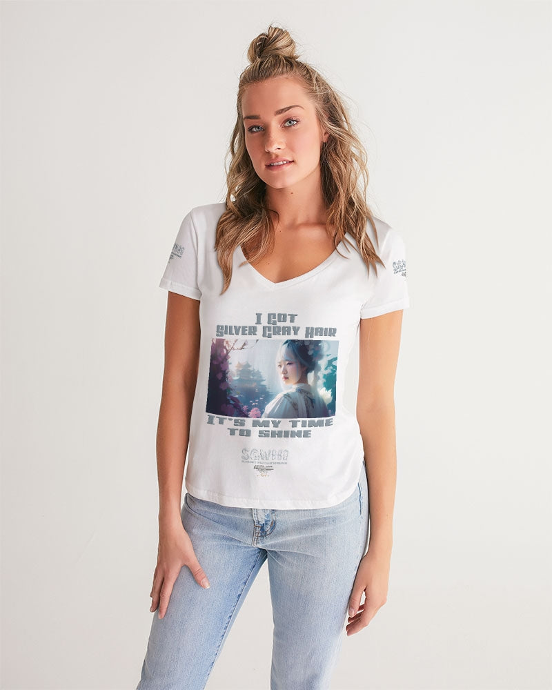 Asian sister with silver grey hair Women's All-Over Print V-Neck Tee