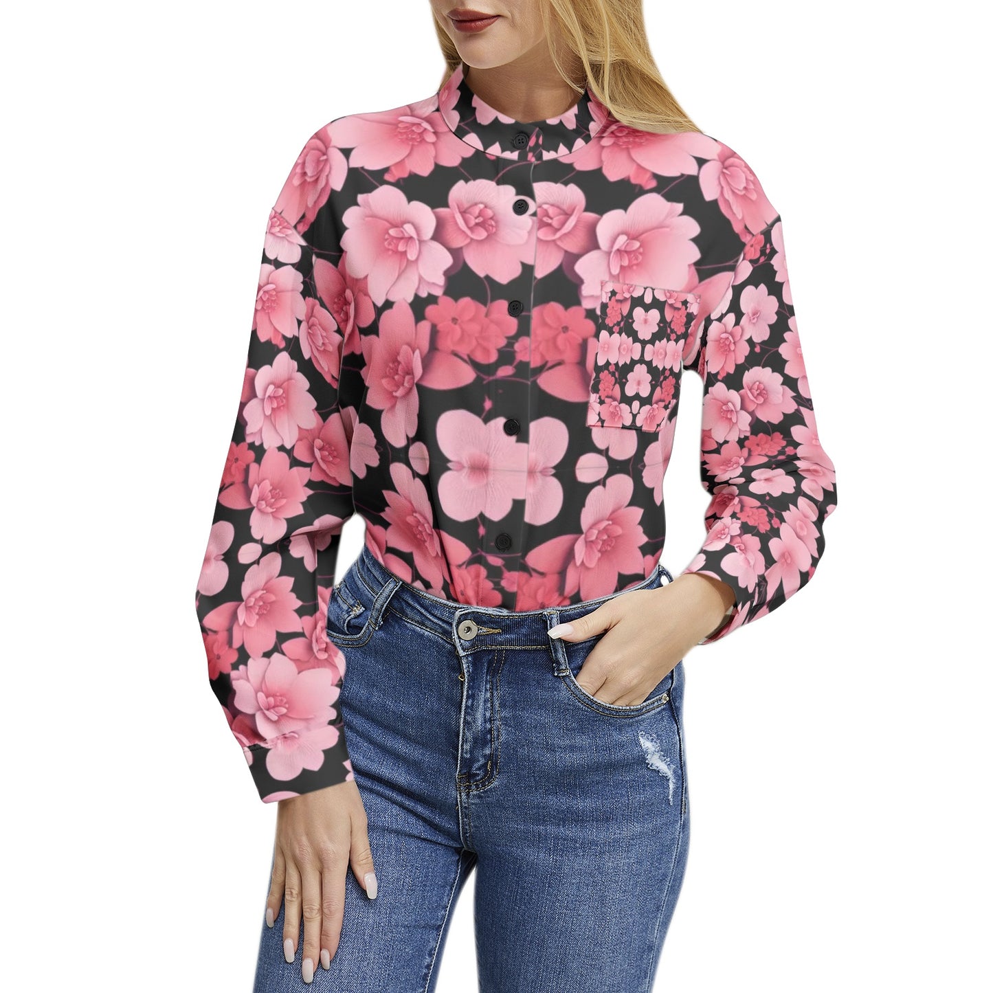 Silver grey white hair inspiration Sleeve Button Up Casual pink flower Shirt Top