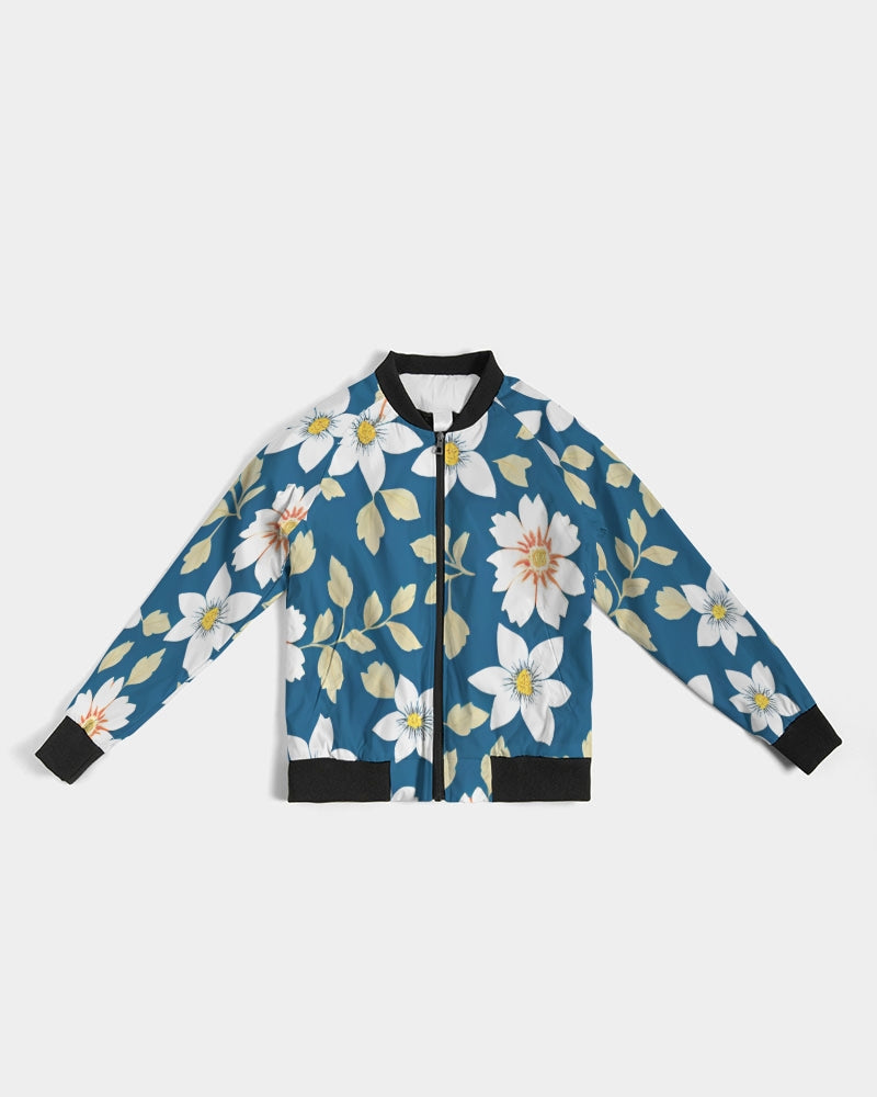 Dark blue background and white flower pattern Women's All-Over Print Bomber Jacket