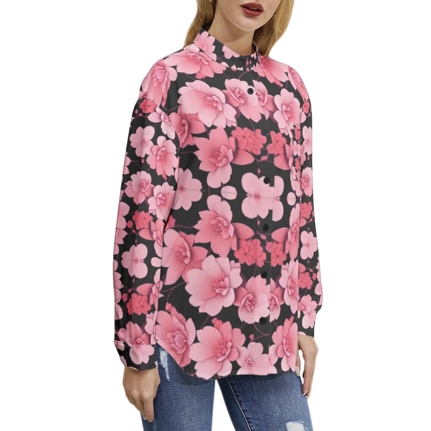Silver grey white hair inspiration Sleeve Button Up Casual pink flower Shirt Top