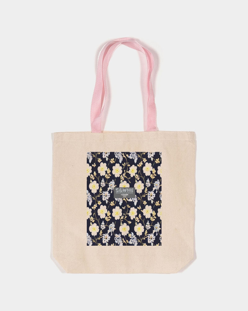 Pink flower black background Canvas Tote with Contrast-Color Handles | Q-Tees