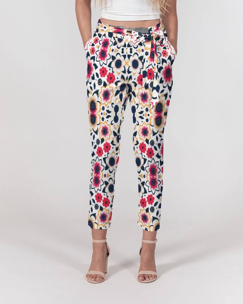 Abstract flower pattern Women's All-Over Print Belted Tapered Pants