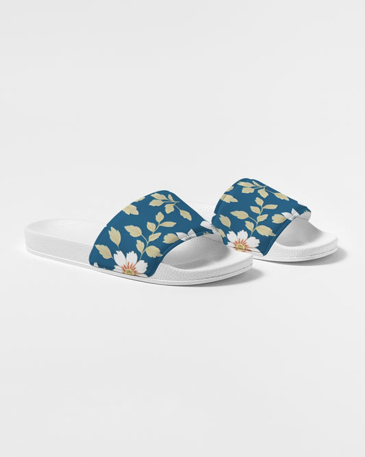 Dark blue background and white flower pattern Women's Slide Sandal