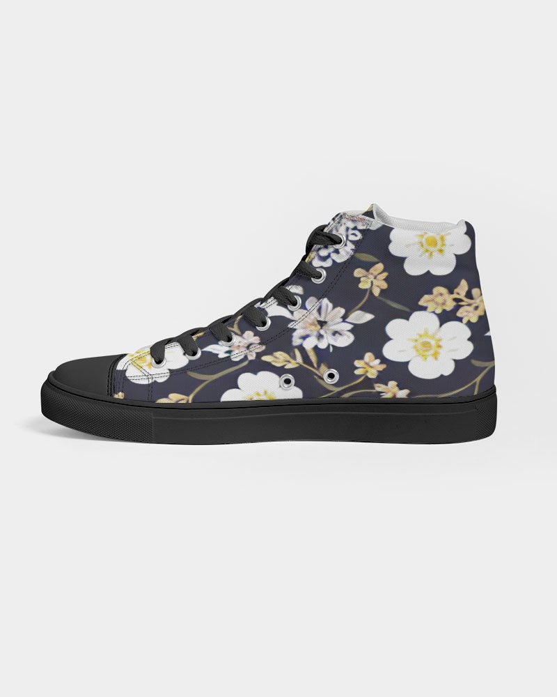 Pink flower black background Women's Hightop Canvas Shoe - Black