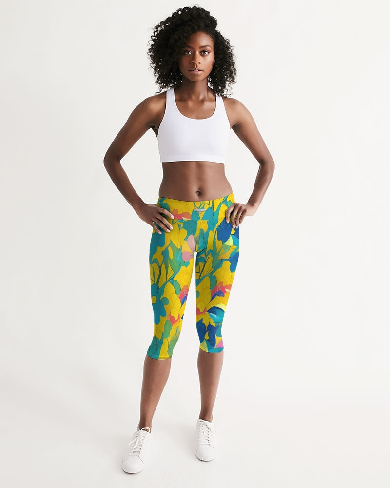 Beautiful yellow and blue hint of red pattern Women's Mid-Rise Capri