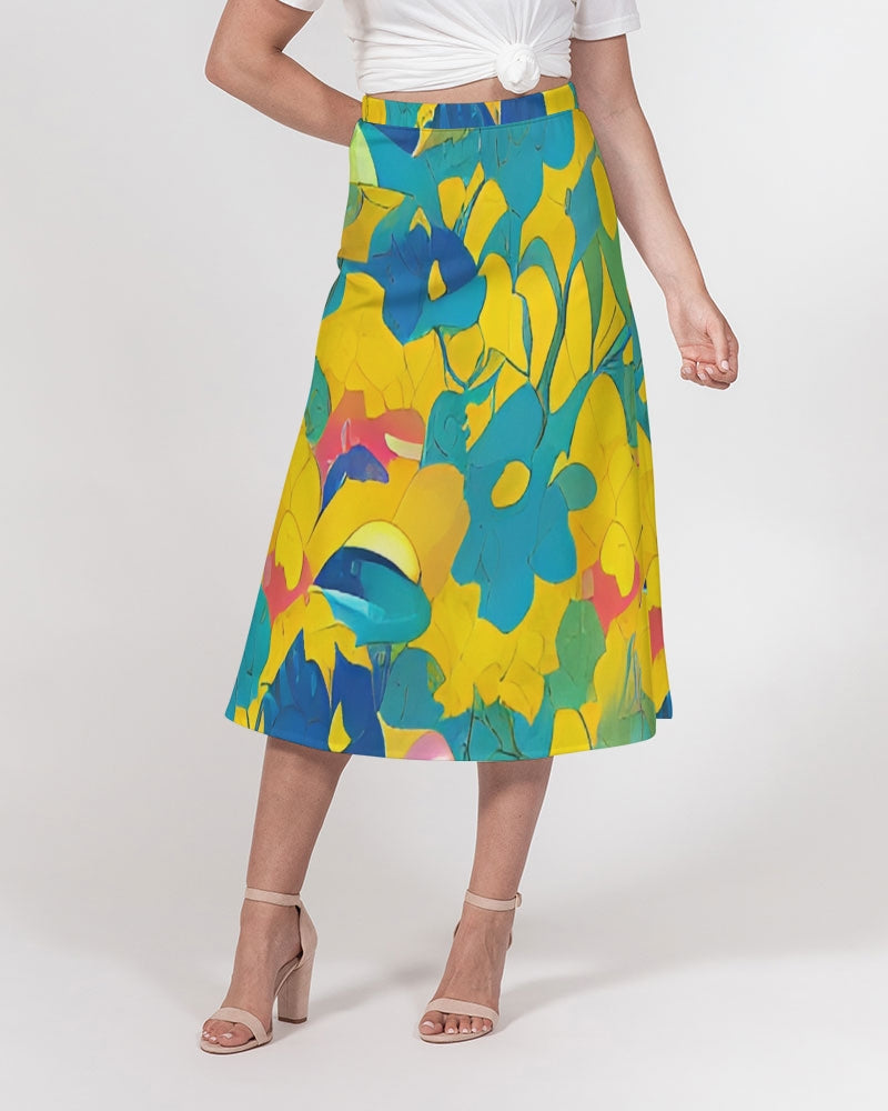 Beautiful yellow and blue hint of red pattern Women's A-Line Midi Skirt