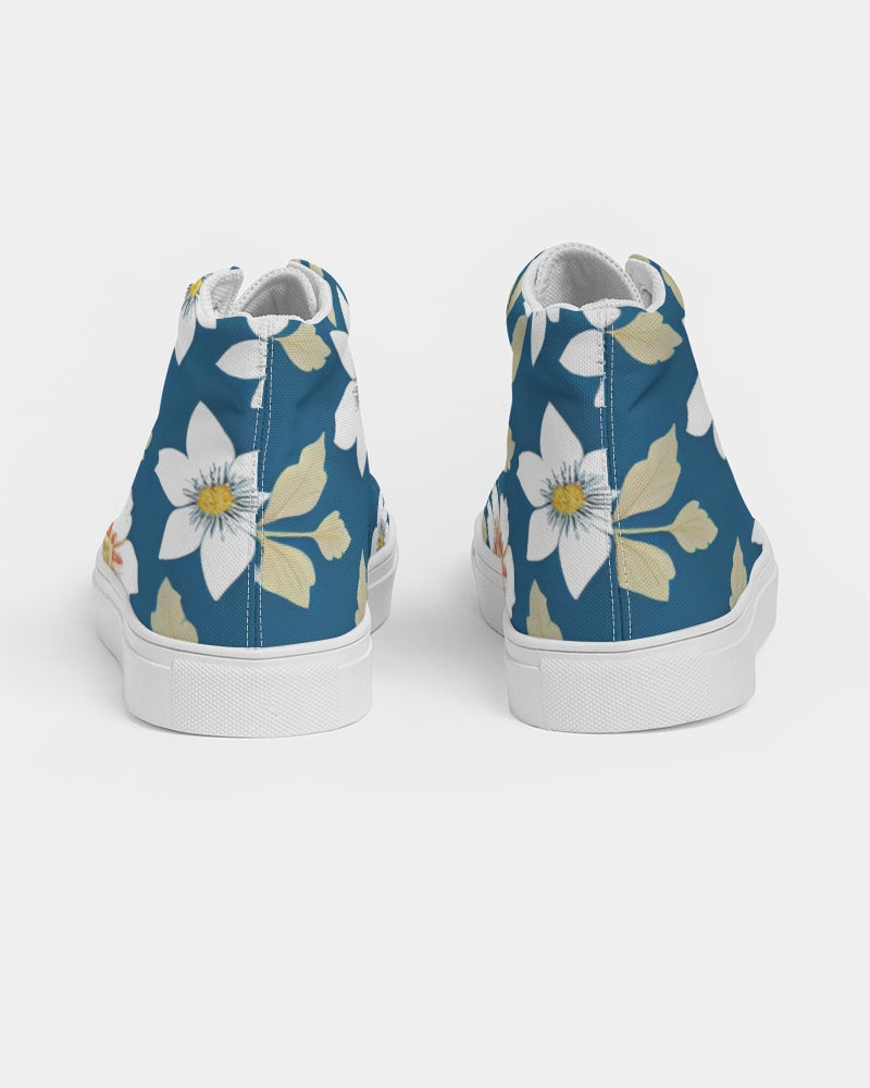 Dark blue background and white flower pattern Women's Hightop Canvas Shoe