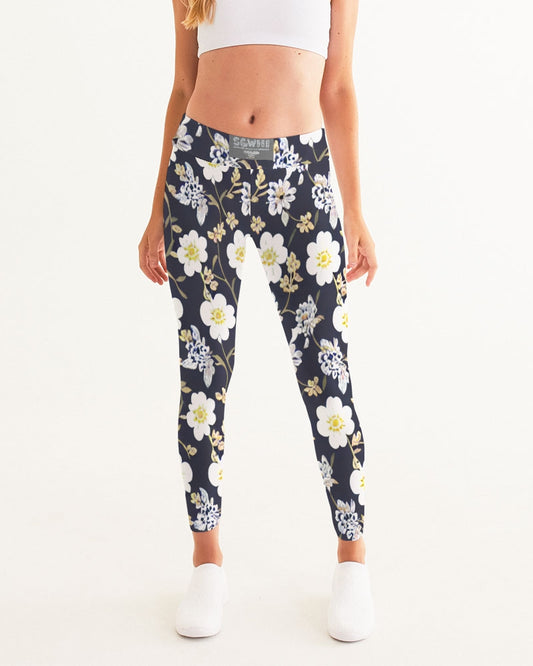 Pink flower black background Women's All-Over Print Yoga Pants