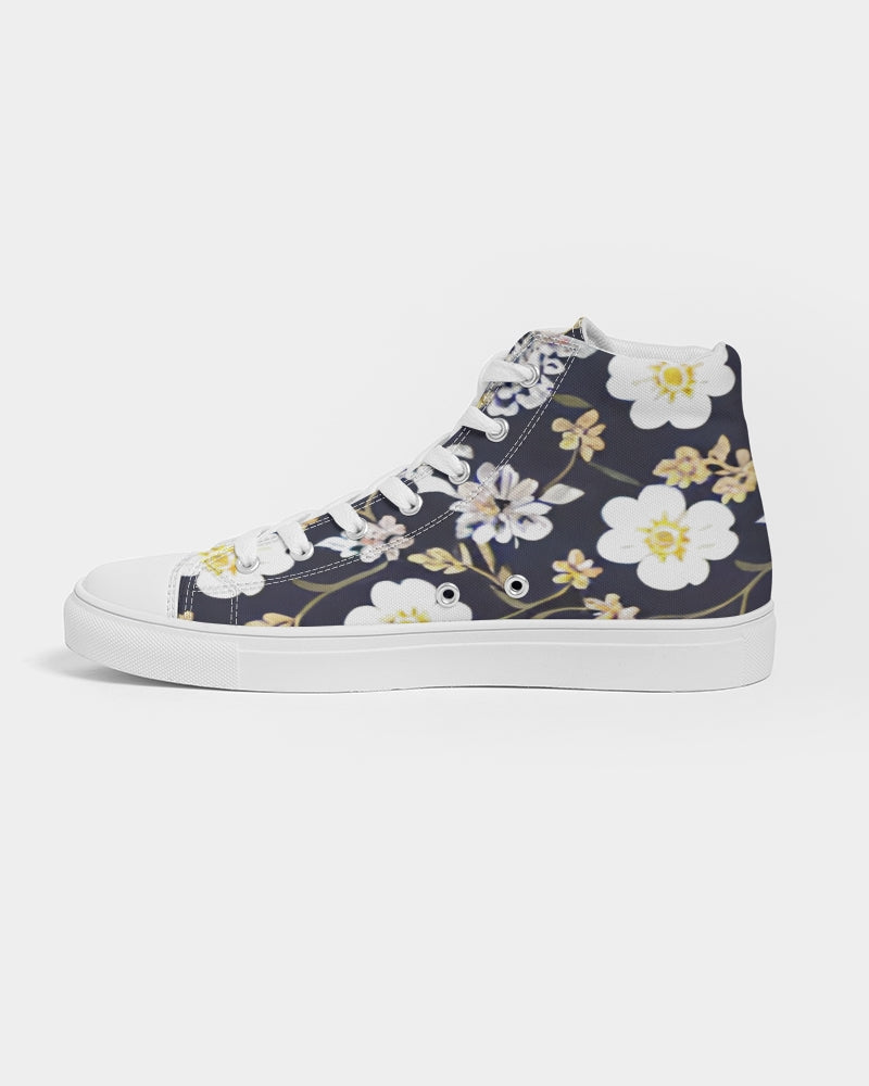 Pink flower black background Women's Hightop Canvas Shoe