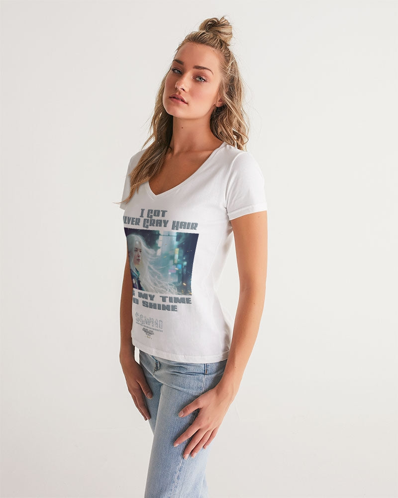 Beautiful white woman my time to shine Women's All-Over Print V-Neck Tee