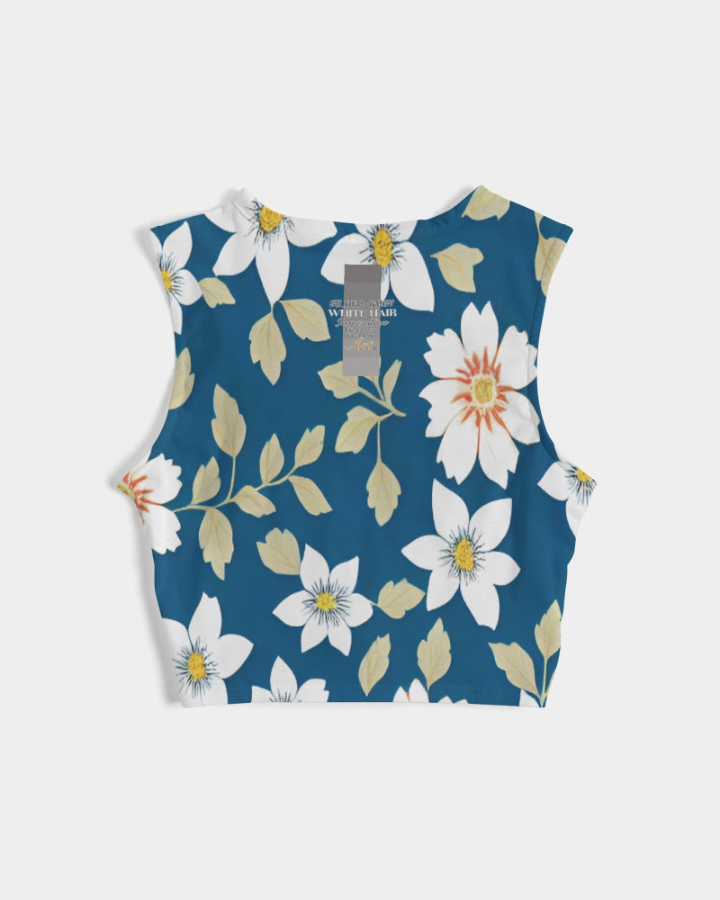 Dark blue background and white flower pattern Women's  All-Over Print Twist-Front Tank