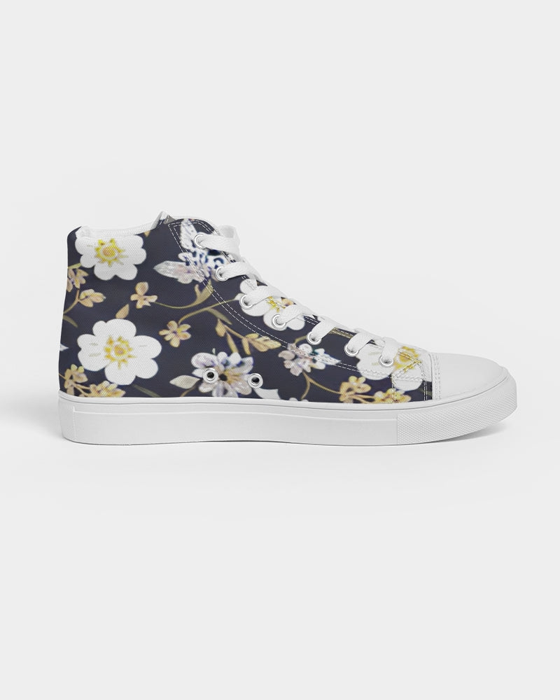 Pink flower black background Women's Hightop Canvas Shoe