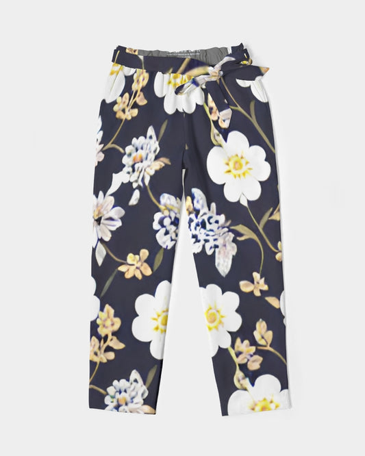 Pink flower black background Women's All-Over Print Belted Tapered Pants