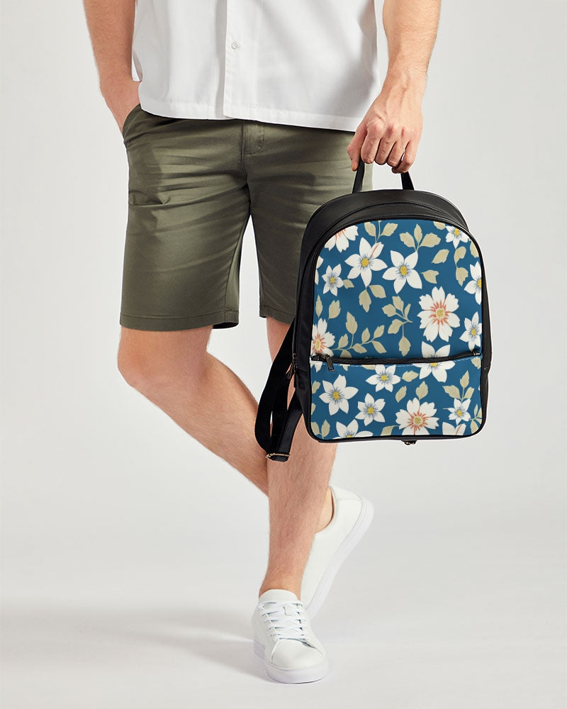 Dark blue background and white flower pattern Classic Faux Leather Backpack