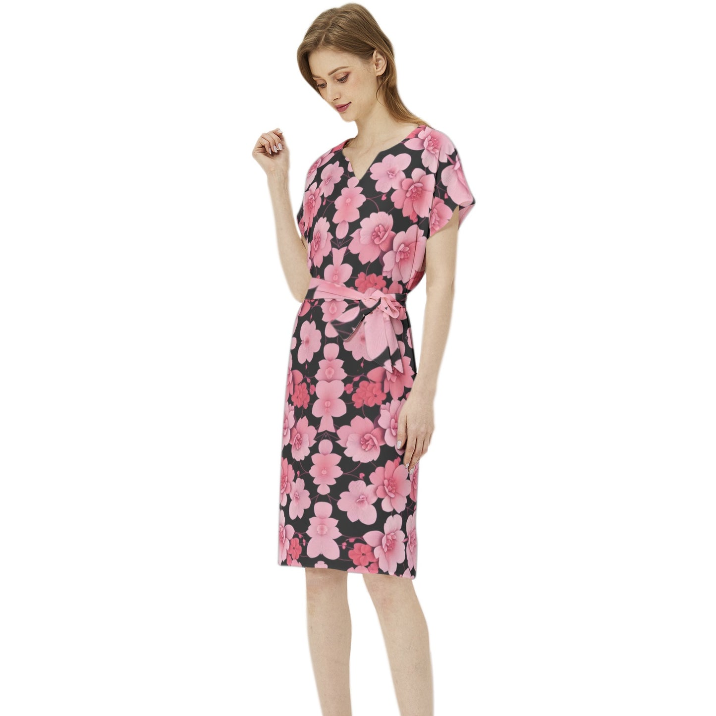 Silver grey white hair inspiration  Seleeve Notch Neck Casual pink flower Dress with Belt