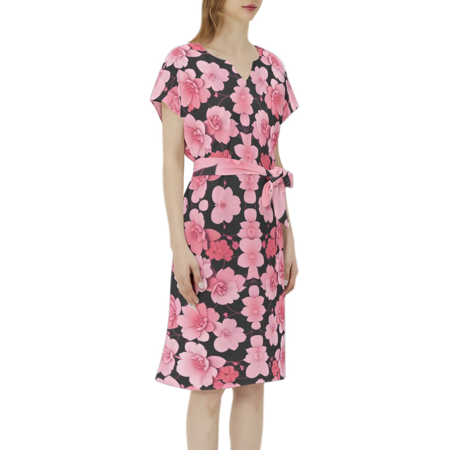 Silver grey white hair inspiration  Seleeve Notch Neck Casual pink flower Dress with Belt