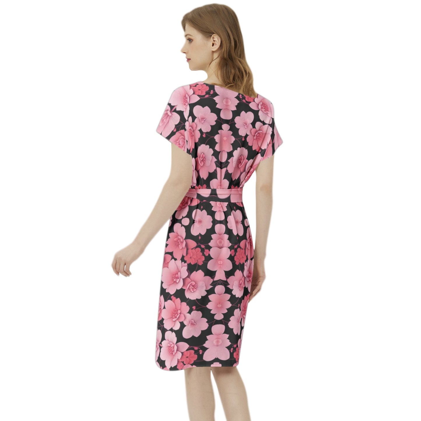 Silver grey white hair inspiration  Seleeve Notch Neck Casual pink flower Dress with Belt