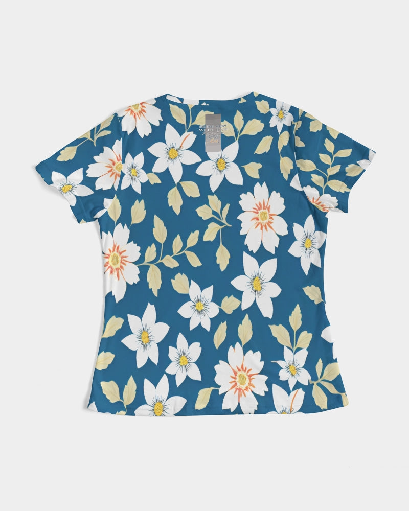 Dark blue background and white flower pattern Women's All-Over Print Tee