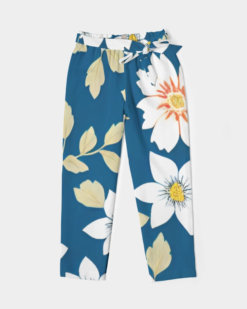 Dark blue background and white flower pattern Women's All-Over Print Belted Tapered Pants