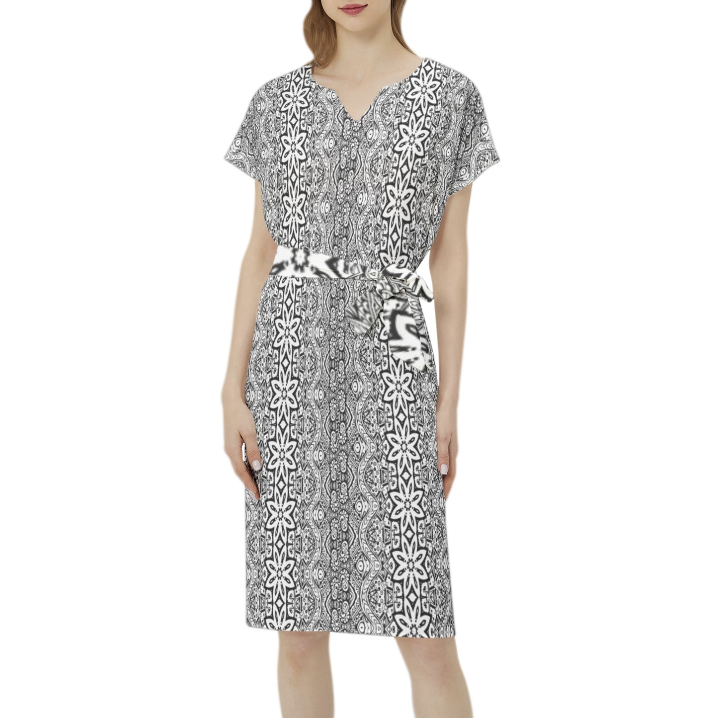 Betwing Seleeve Notch Neck Casual Dress with Belt