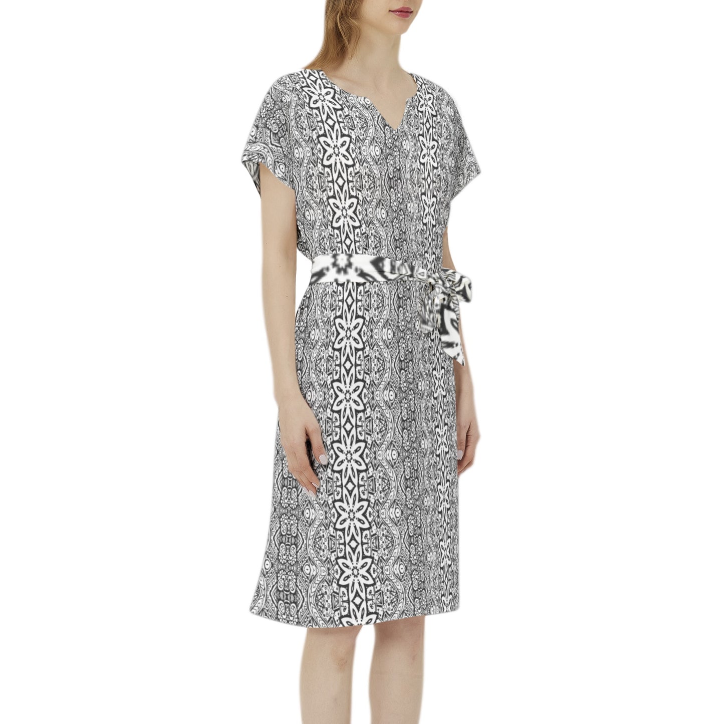 Betwing Seleeve Notch Neck Casual Dress with Belt