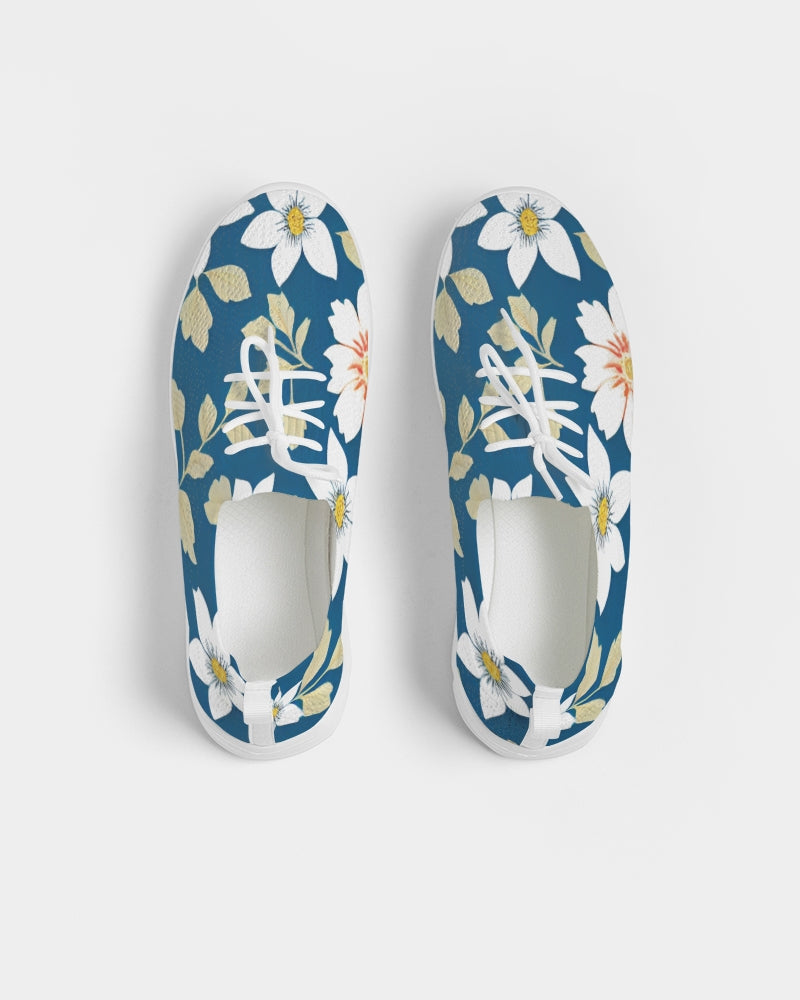 Dark blue background and white flower pattern Women's Lace Up Flyknit Shoe