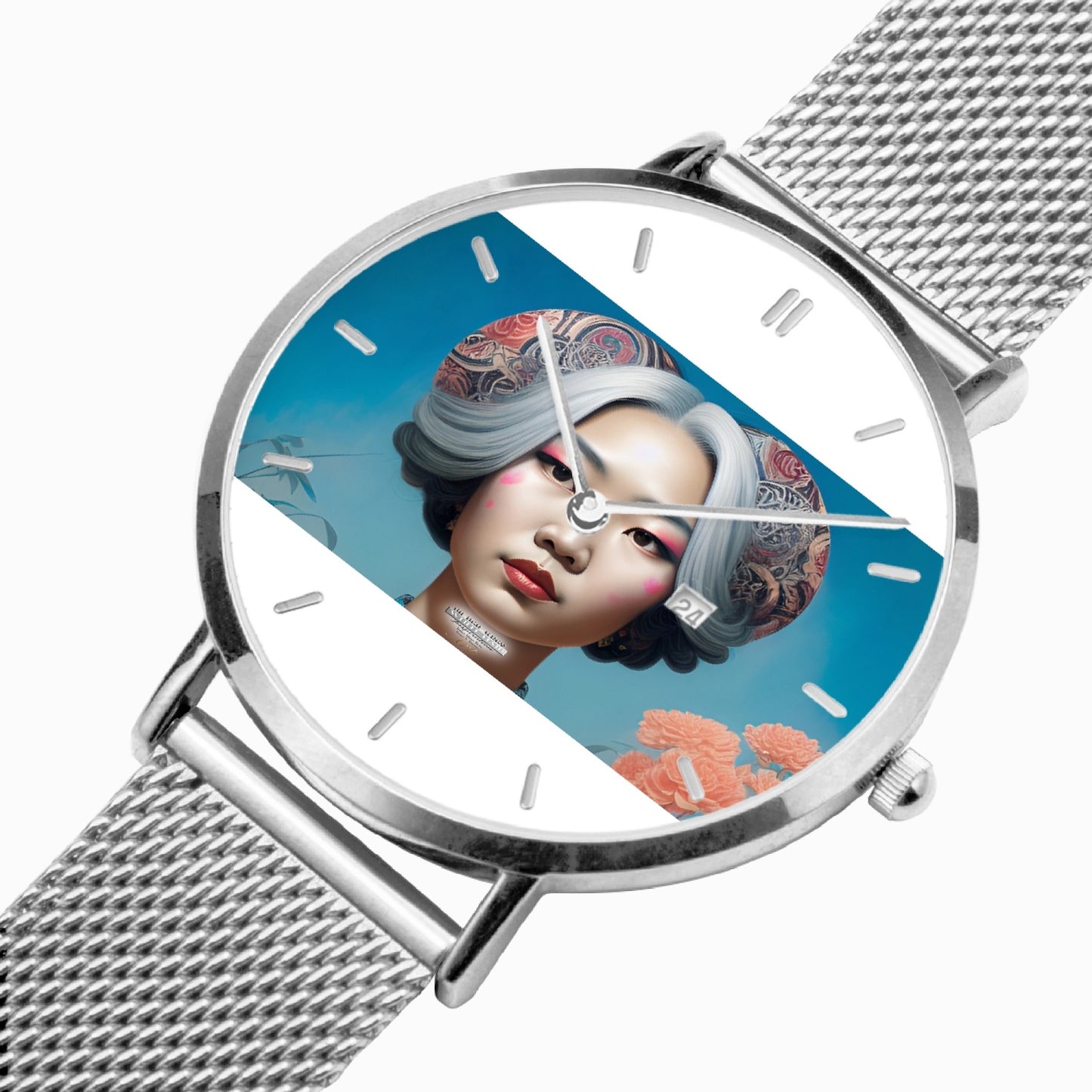 Asian woman clock face Silver grey white hair inspiration Stainless Steel Perpetual Calendar Quartz Watch (With Indicators)