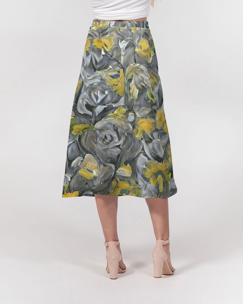 Orange and yellow and grey abstract design of Roses Women's A-Line Midi Skirt