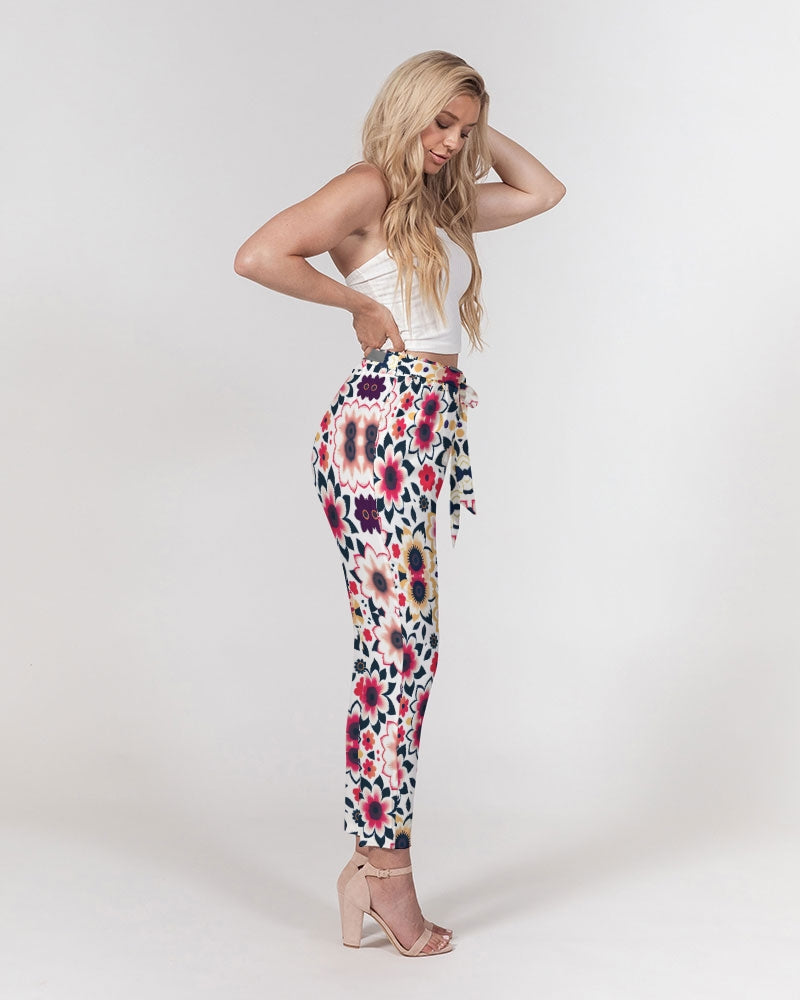 Abstract flower pattern Women's All-Over Print Belted Tapered Pants