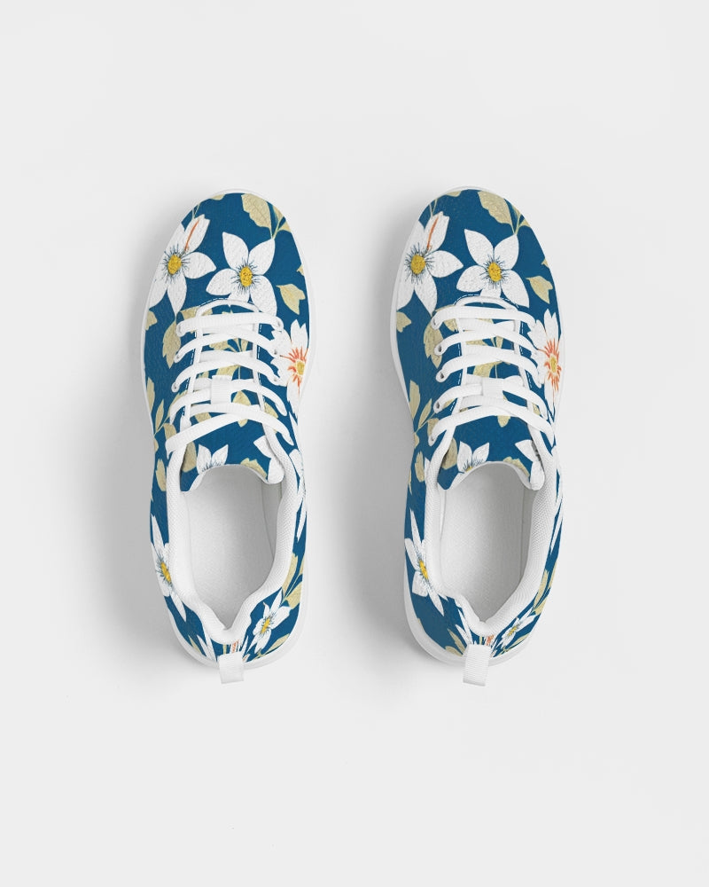 Dark blue background and white flower pattern Women's Athletic Shoe