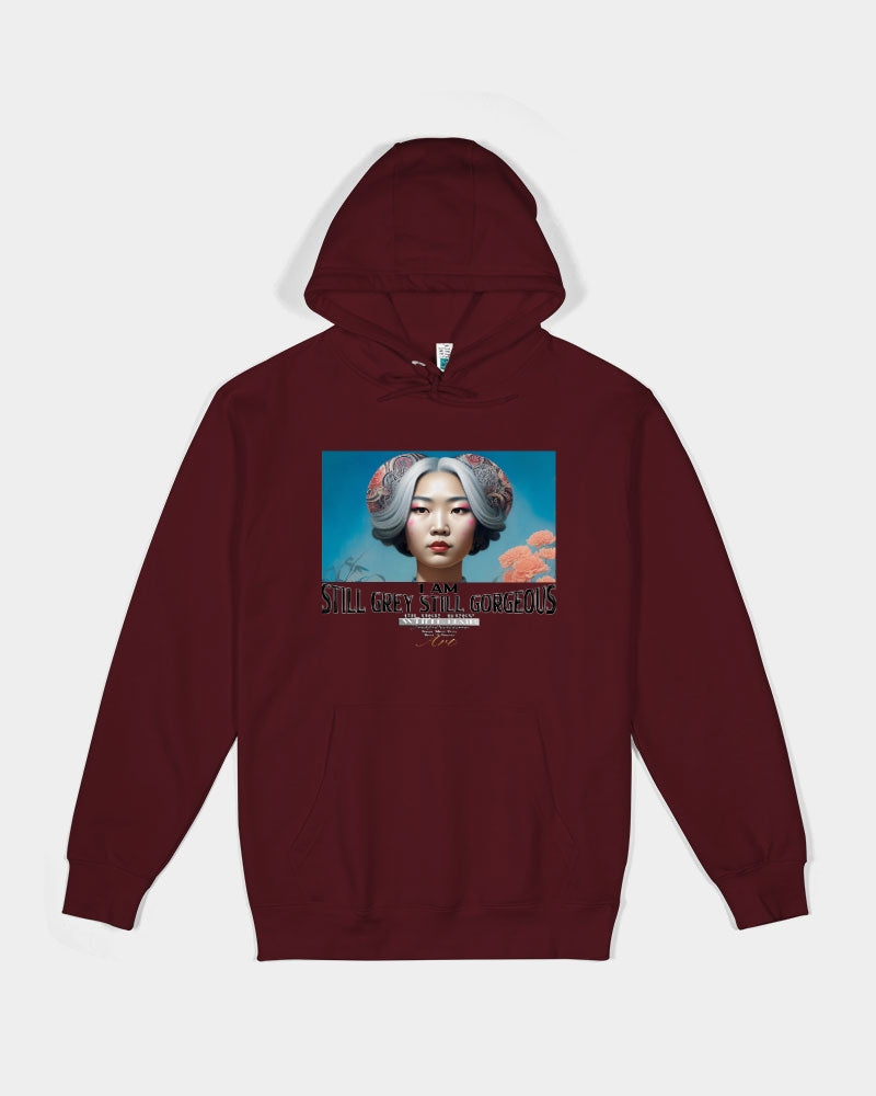 Promoting Asian women with silver grey Unisex Premium Pullover Hoodie | Lane Seven