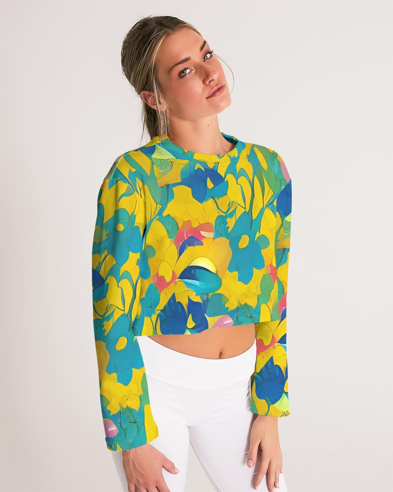 Beautiful yellow and blue hint of red pattern Women's Cropped Sweatshirt