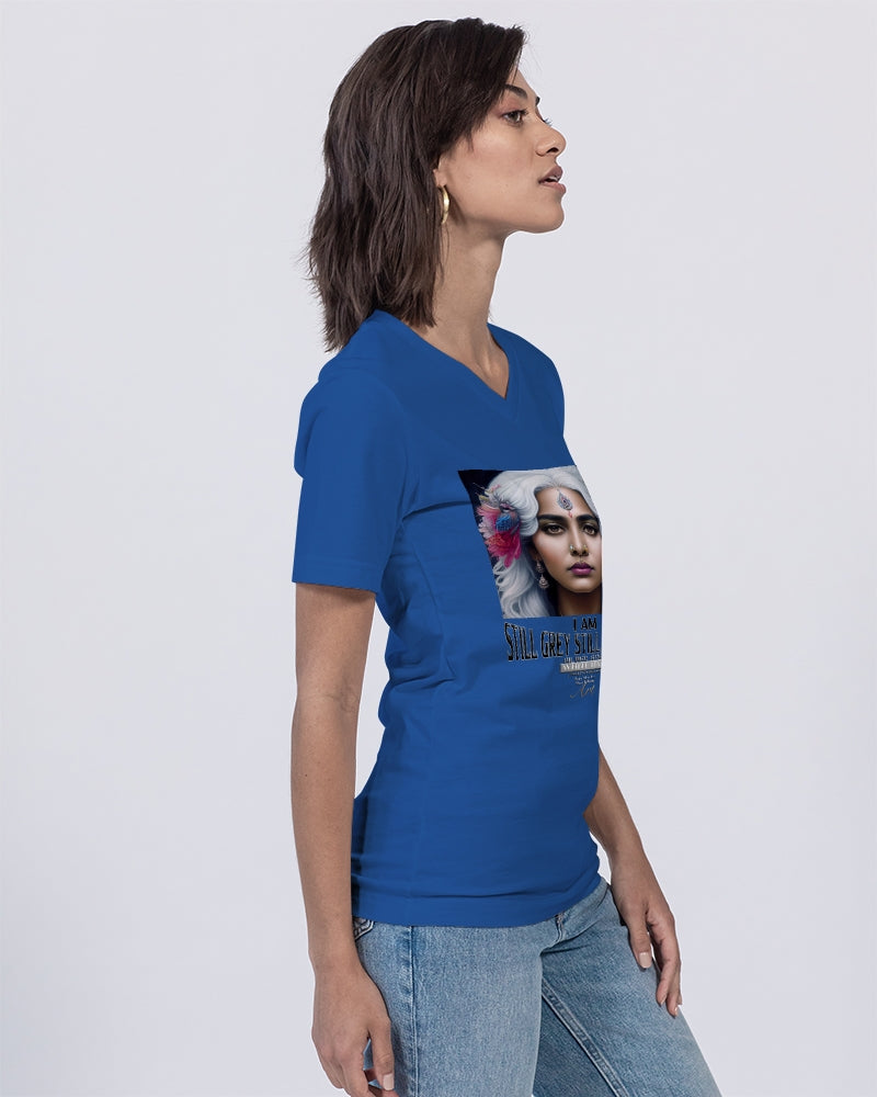 Promoting Indian women with silver grey hair Unisex Jersey V-Neck Tee | Bella + Canvas