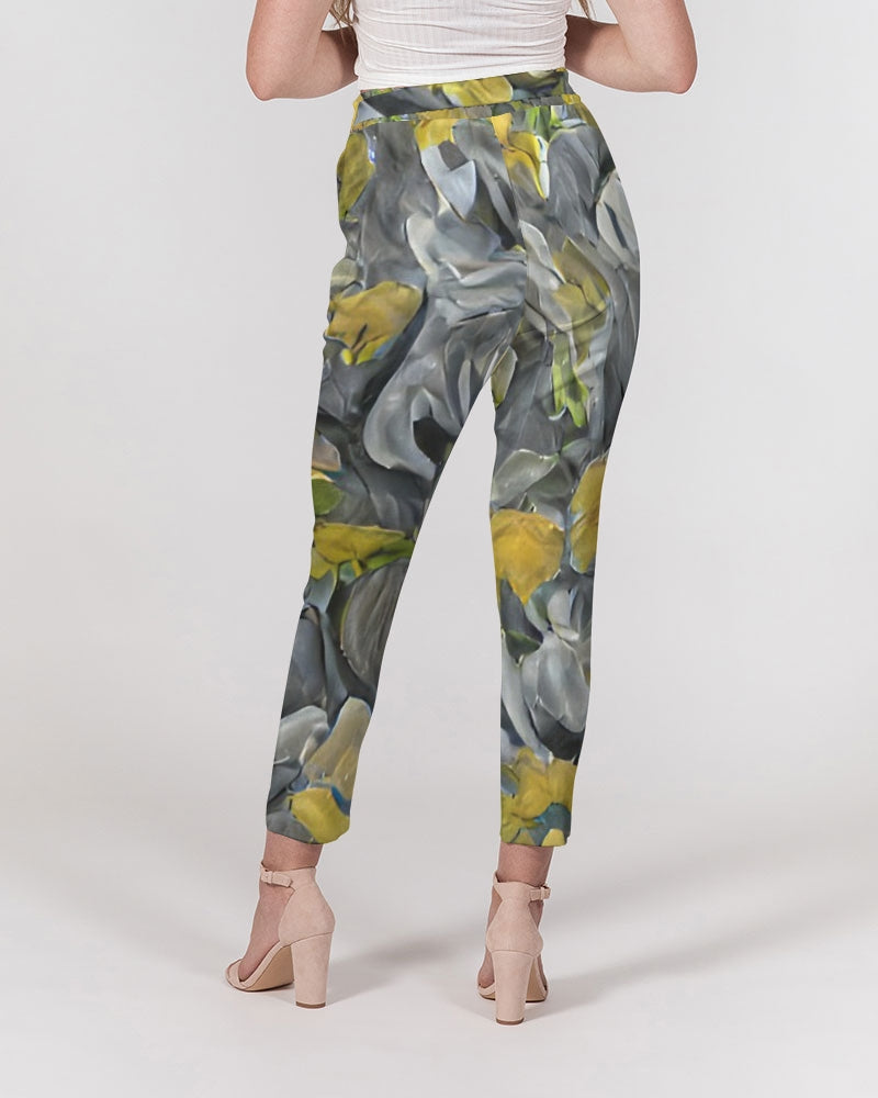 Orange and yellow and grey abstract design of Roses Women's Belted Tapered Pants