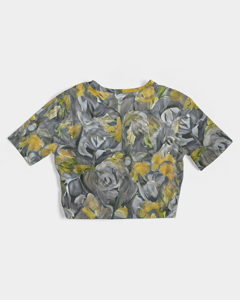 Orange and yellow and grey abstract design of Roses Women's Twist-Front Cropped Tee